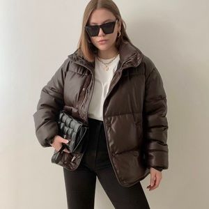 Zara faux leather puffer jacket brown